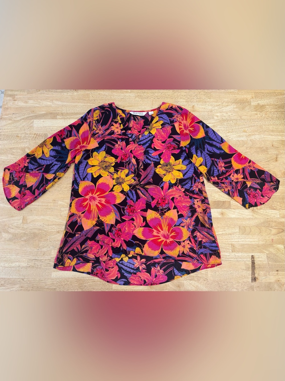 Beautiful by Lawrence Zarian V-Neck Top in Black w/Pink, Yellow & Purple Flowers